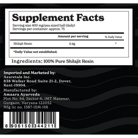 BetterAlt Himalayan Shilajit Supplement Facts Label