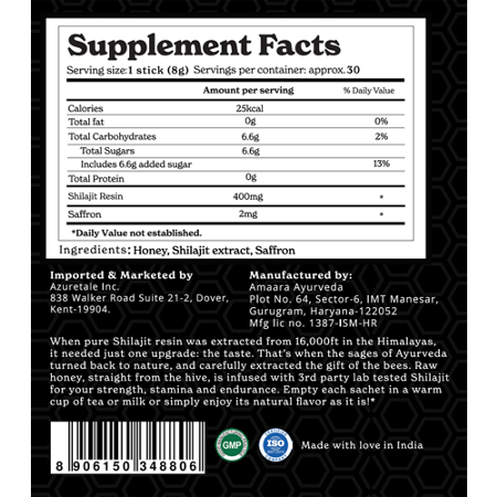 Supplement Facts label for BetterAlt Himalayan Shilajit Honey Sticks