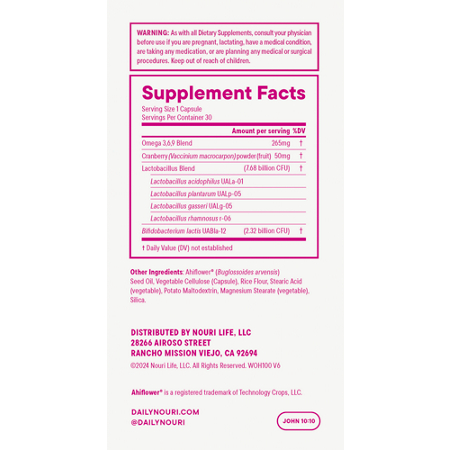 Supplement Facts label for NOURI LIFE Women's Probiotic
