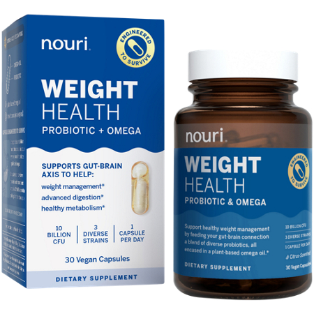 Nouri Life Weight Health Probiotic Omega capsules box and bottle front