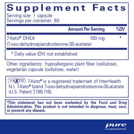 Supplement Facts label for Pure Encapsulations 7-KETO DHEA 100 MG