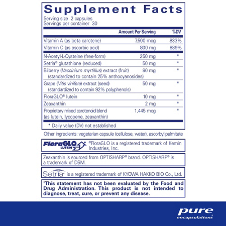 Supplement Facts label for Pure Encapsulations Macular Support Formula Capsules