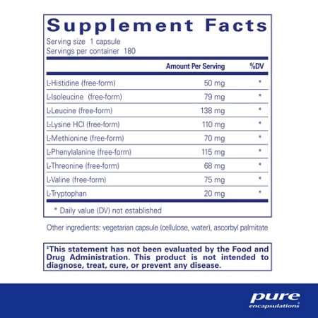 Supplement Facts label for Pure Encapsulations Essential Aminos Capsules