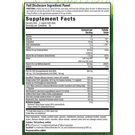Supplement Facts label for Irwin Naturals Healthy Brain Focus