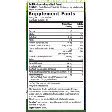Supplement Facts label for Irwin Naturals Healthy Brain ALA & BacoMind with PQQ