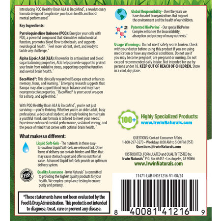 Healthy Brain ALA & BacoMind with PQQ softgels back