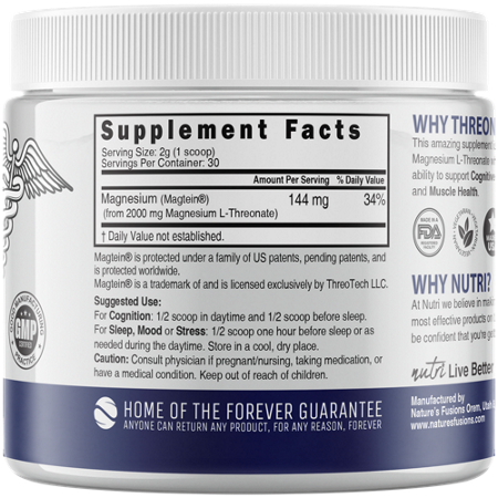 Supplement Facts label for Magnesium L-Threonate Powder