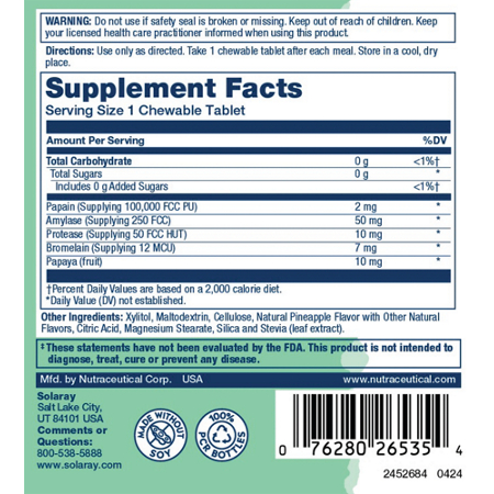 Solaray Papaya Enzyme Chewables Supplement Label
