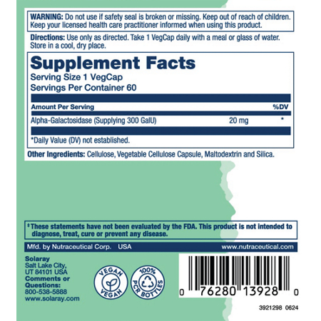 Supplement Facts label for Solaray Bean Enzyme 300 GalU Alpha-Galactosidase