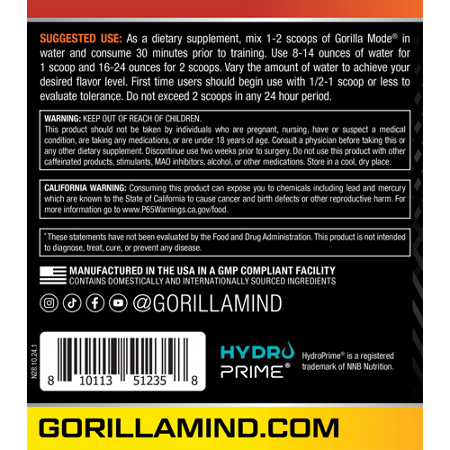 Directions for Gorilla Mind Gorilla Mode Pre-Workout Formula Pink Lemonade