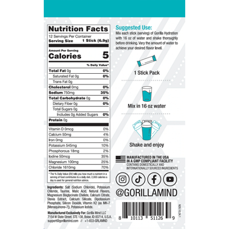 Gorilla Mind Hydration Electrolyte Drink Mix Label