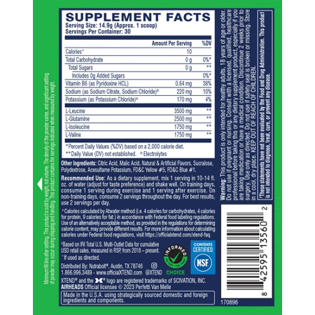 Supplement Facts label for XTEND The Original BCAA Muscle Recovery Electrolytes