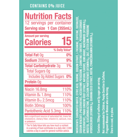 Supplement Facts label for Alani Nu Energy Drink Strawberry Sunrise