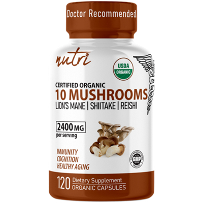 Organic 10 Mushrooms - Supports Immunity & Cognitive Health - 2,400 MG (120 Capsules)