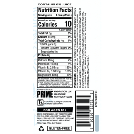 PRIME Original Energy Drink label: 200 mg caffeine Dream Pop