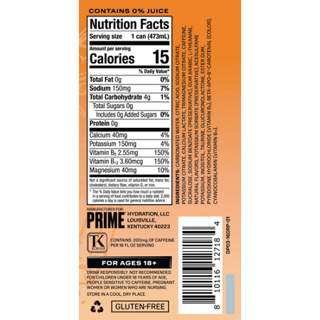 PRIME Energy Drink label: 200mg Caffeine, 300mg Electrolytes