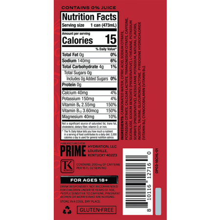 Supplement Facts label for PRIME Energy Drink Cherry Limeade