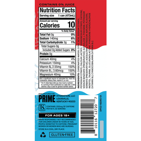 Supplement Facts label for PRIME Energy Drink Dripsicle