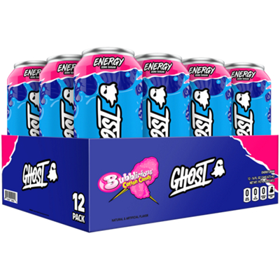 GHOST Energy Drink - Zero Sugar - Bubblicious Cotton Candy (12 Drinks, 16 Fl Oz. Each)