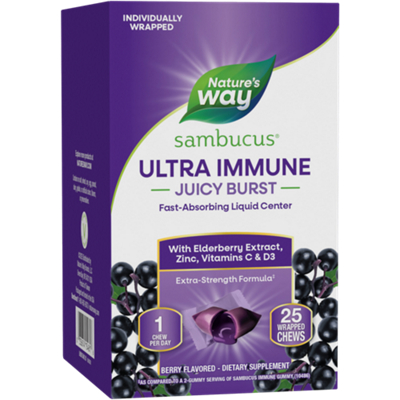 Sambucus Ultra Immune Juicy Burst with Elderberry Extract, Zinc, & Vitamins C & D3 - Berry (25 Wrapped Chews)