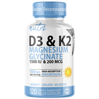 Vitamin D3 & K2 with 480mg of Magnesium Glycinate (120 Capsules)