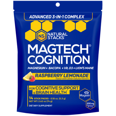 Magtech Cognitive Support - Magnesium + BACOPA + Vit. D3 + Lion's Mane - Raspberry Lemonade (14 Stick Packs)