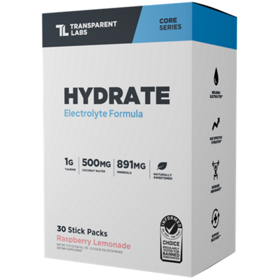 Hydrate Electrolyte Formula - 500 mg Coconut Water - Raspberry Lemonade (30 Stick Packs)