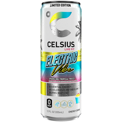 Celsius Sparkling Electric Vibe Energy Drink - Sparkling Tropical Freeze (12 Drinks, 12 Fl Oz. Each)