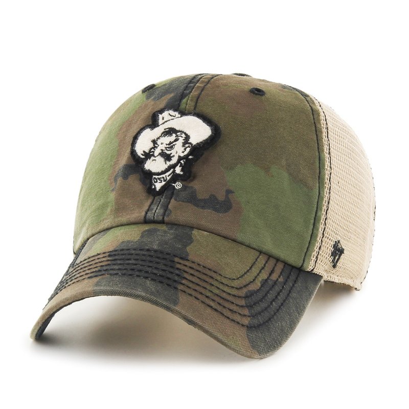 The '47 Adults' Oklahoma State University Burnett Cleanup Cap features a camo pattern and team name and logo embroidery. Available at Academy Sports + Outdoors.