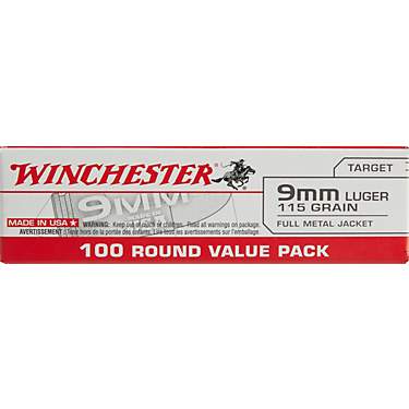 Winchester USA Full Metal Jacket 9mm Luger 115-Grain Handgun Ammunition - 100 Rounds                                            