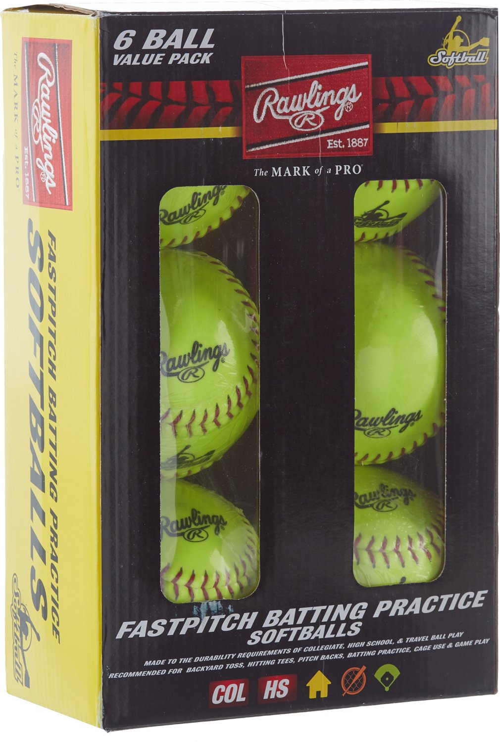 Rawlings 12 in Travel Practice FastPitch Softballs 6Pack Academy