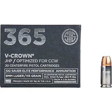 SIG SAUER V-Crown 365 9mm Luger 115-Grain Pistol Ammunition - 20 Rounds                                                         