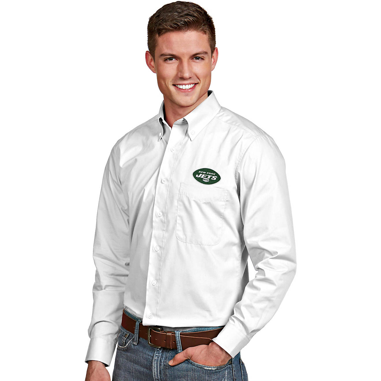 Antigua Men's New York Jets Dynasty Long Sleeve Button Down Shirt                                                                - view number 1