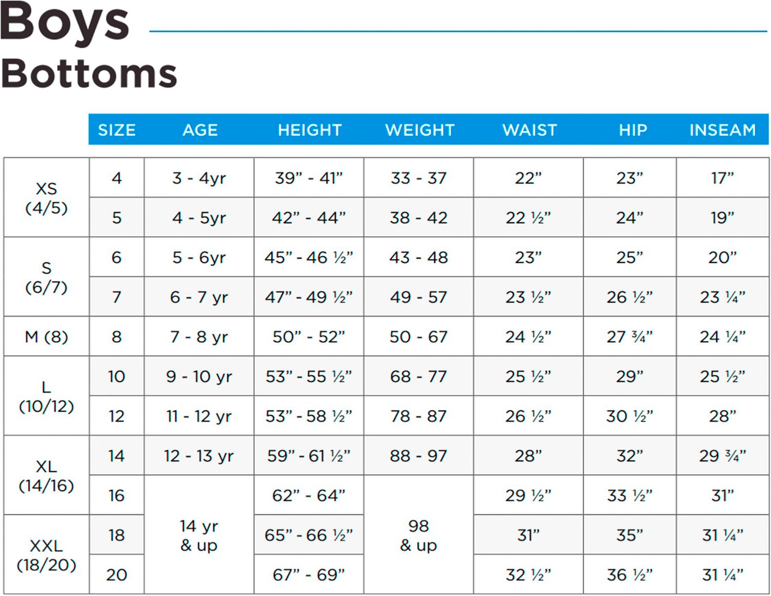 French Toast Uniform Pants Size Chart