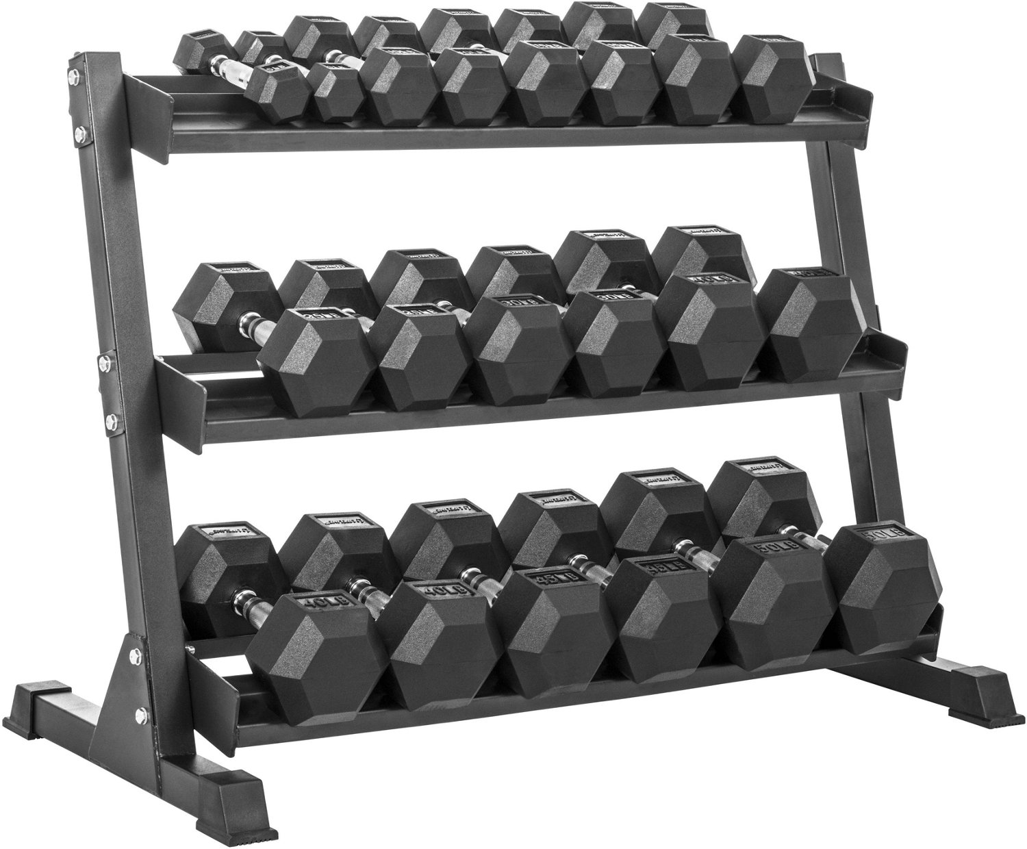 Lifeline 5 to 50 pound Hex Rubber Dumbbell Set with 3-Tier Storage Rack ...