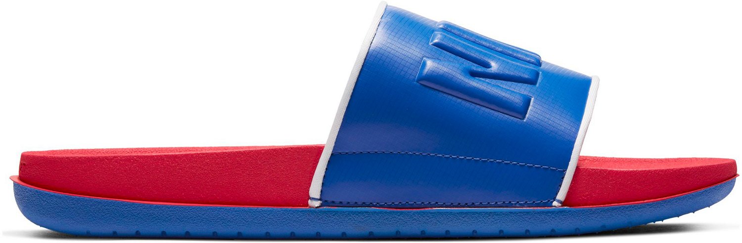 red and blue nike slides