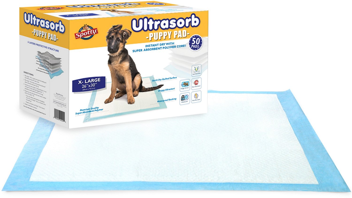 Spotty XL Ultrasorb 26 in x 30 in Puppy Pads 50Pack Academy