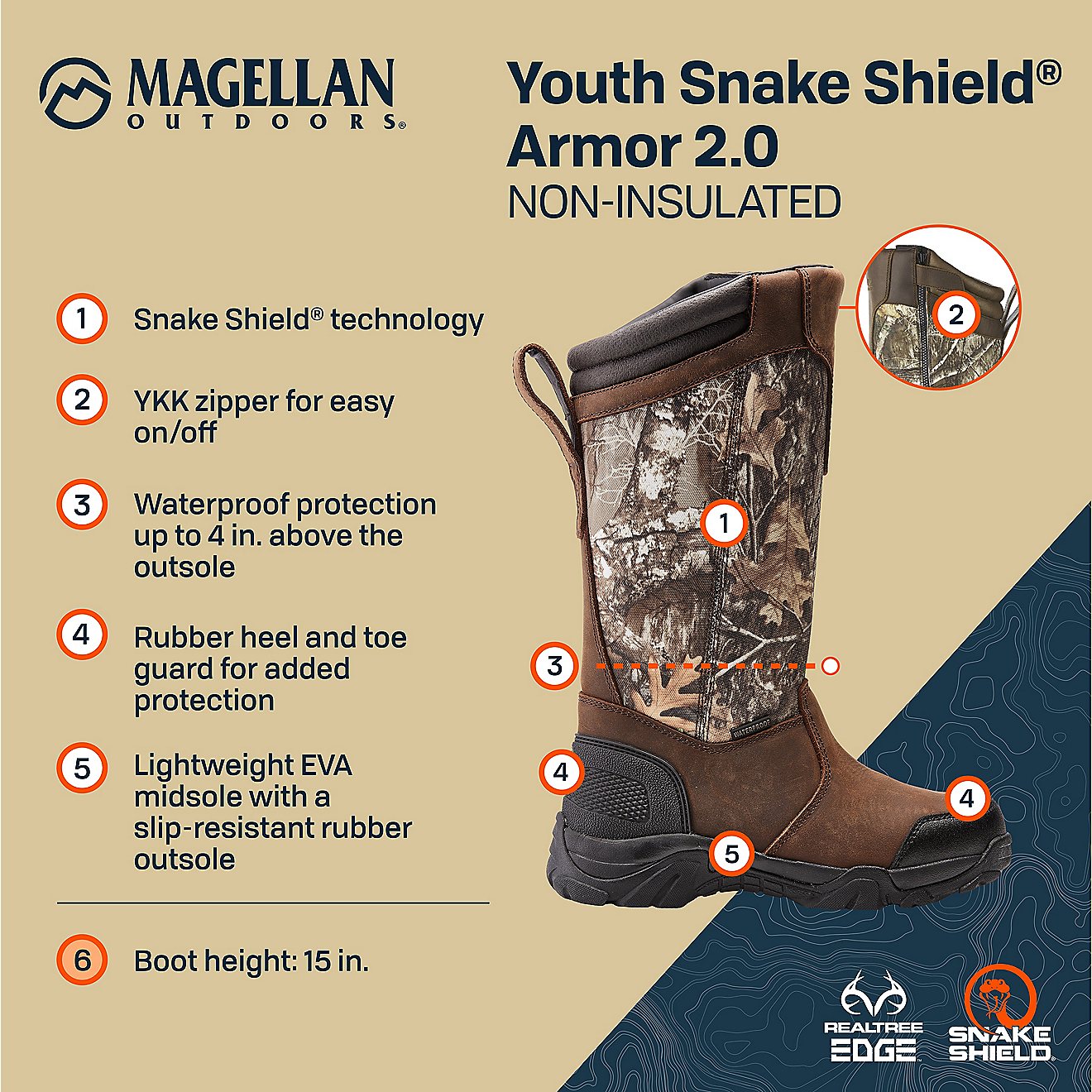 Magellan Outdoors Boys' Snake Shield Armor 2.0 Hunting Boots                                                                     - view number 5