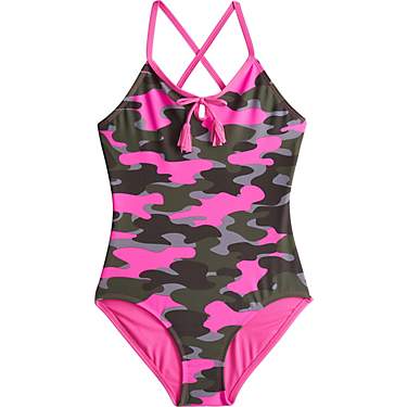 O'Rageous Girls' Pink Pop Camo Tassel 1-Piece Swimsuit                                                                          