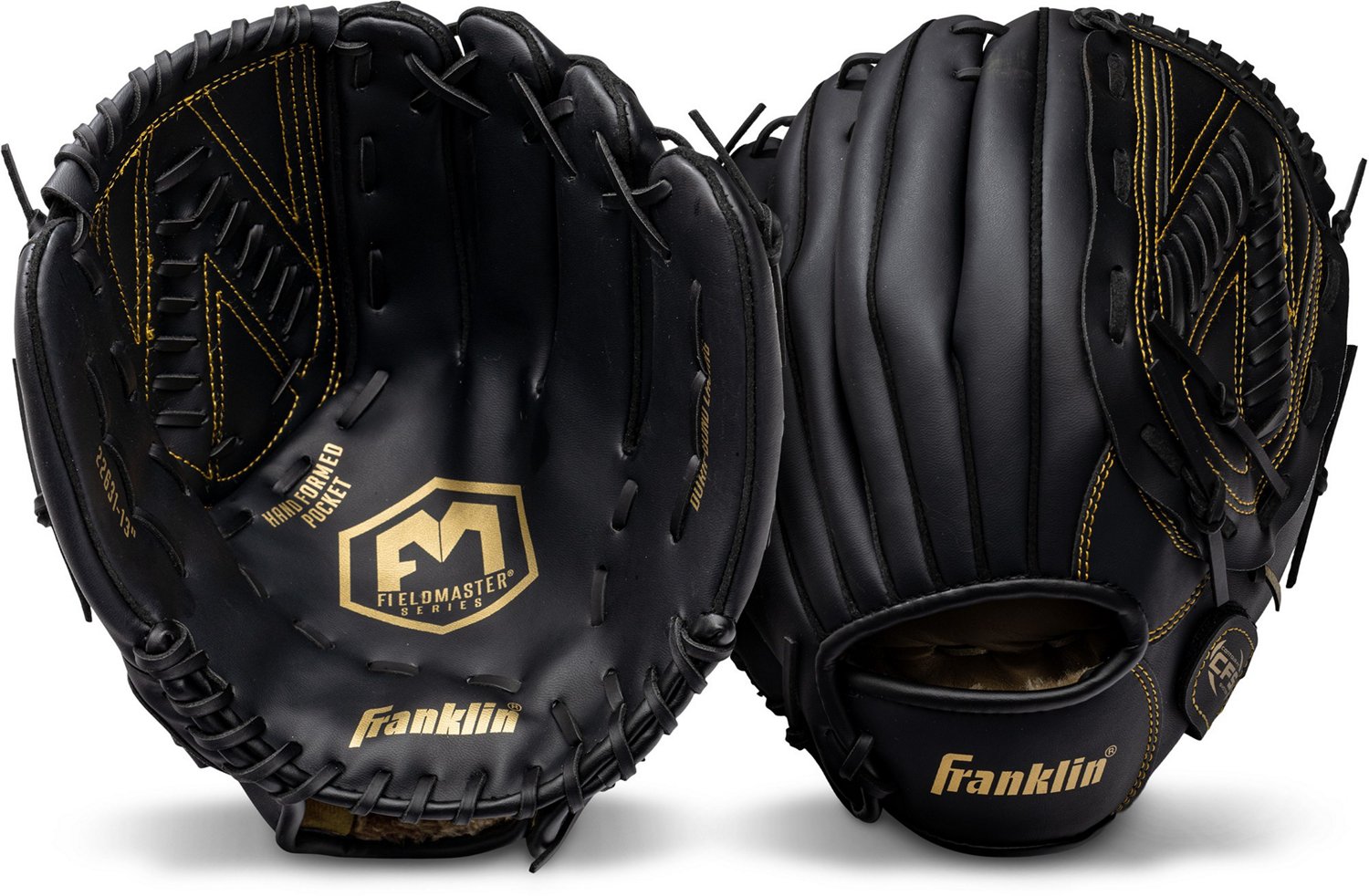Franklin Sports Baseball and Softball Glove - Field Master - Baseball and Softball Mitt - Adult and Youth Glove - Left Hand Throw - 12" - Black/Gold