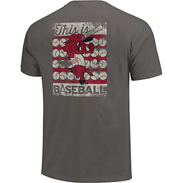 Image One Men's University of Arkansas Comfort Color Bats & Balls Stripes Short Sleeve T-shirt