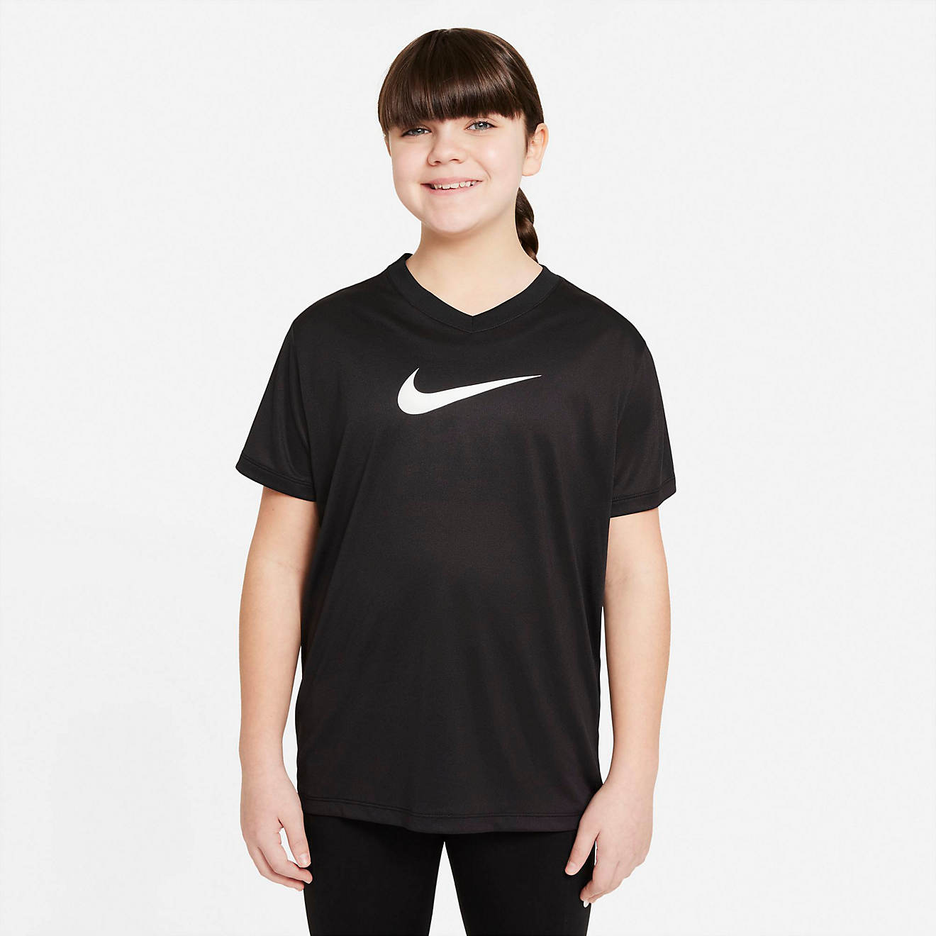 Nike Girls' Dri-FIT Leg Extended Size Graphic V-neck Training T-shirt                                                            - view number 1