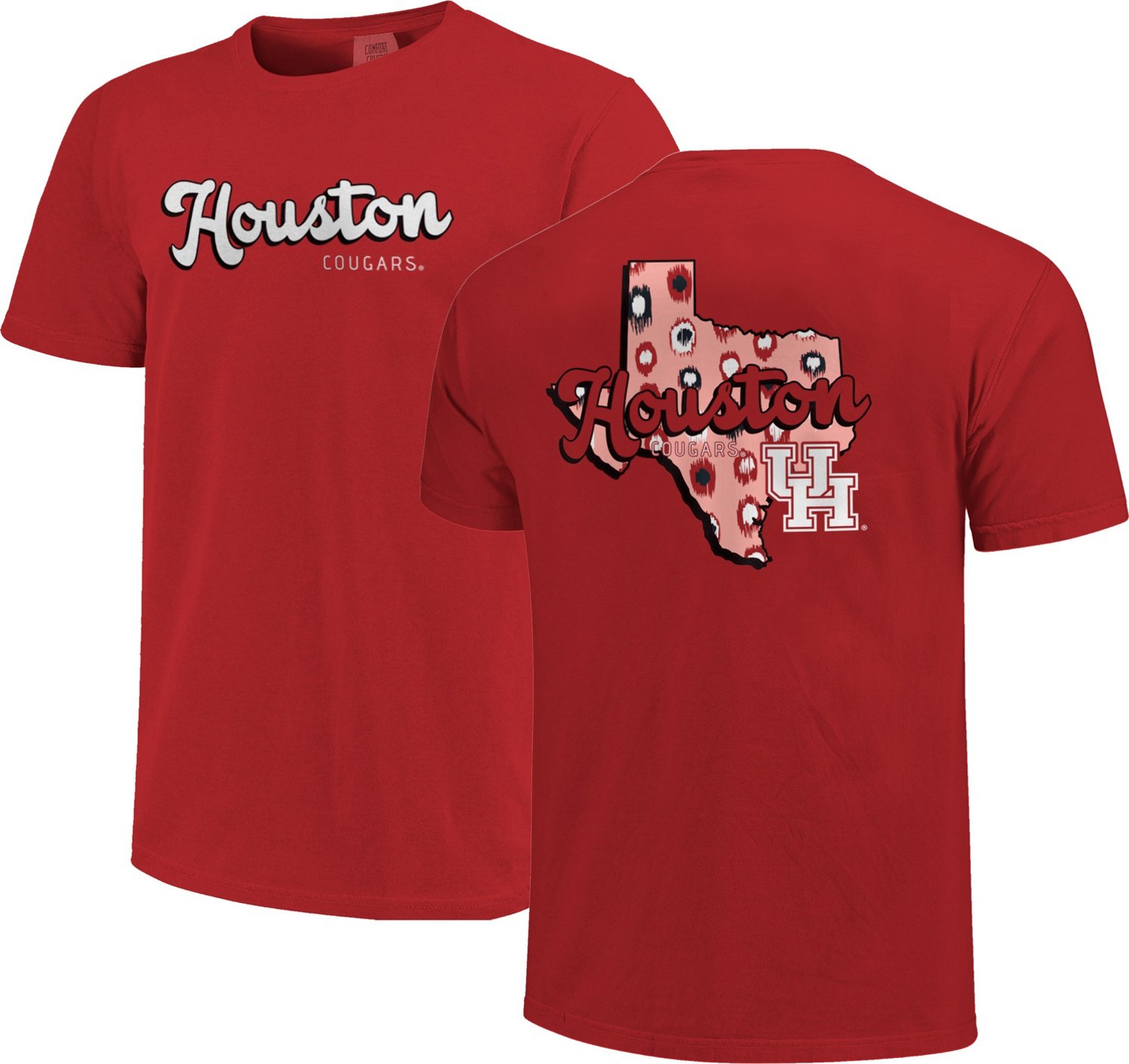 Image One Women's University of Houston Comfort Color Retro Script State Pattern Short Sleeve T
