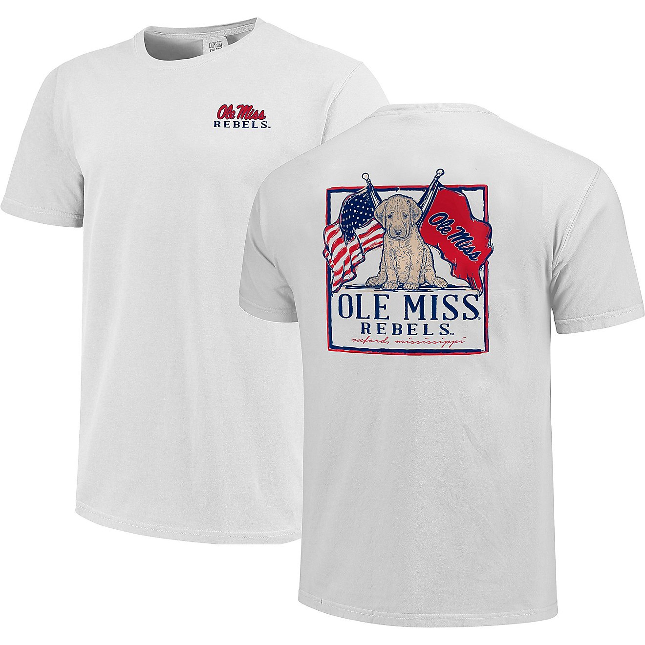 Image One Women's University of Mississippi Comfort Color Double Flag Puppy Short Sleeve T-shirt                                 - view number 1