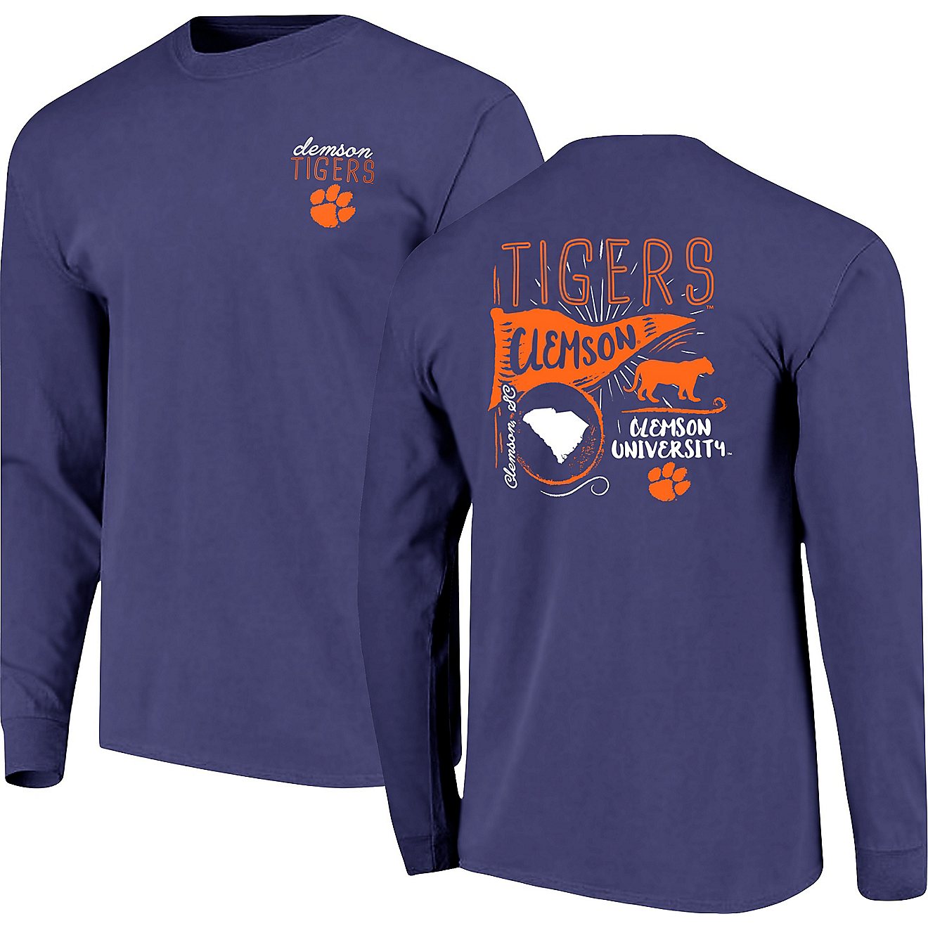 Image One Women's Clemson University Comfort Color Hand Drawn Flag Long Sleeve T-shirt                                           - view number 3