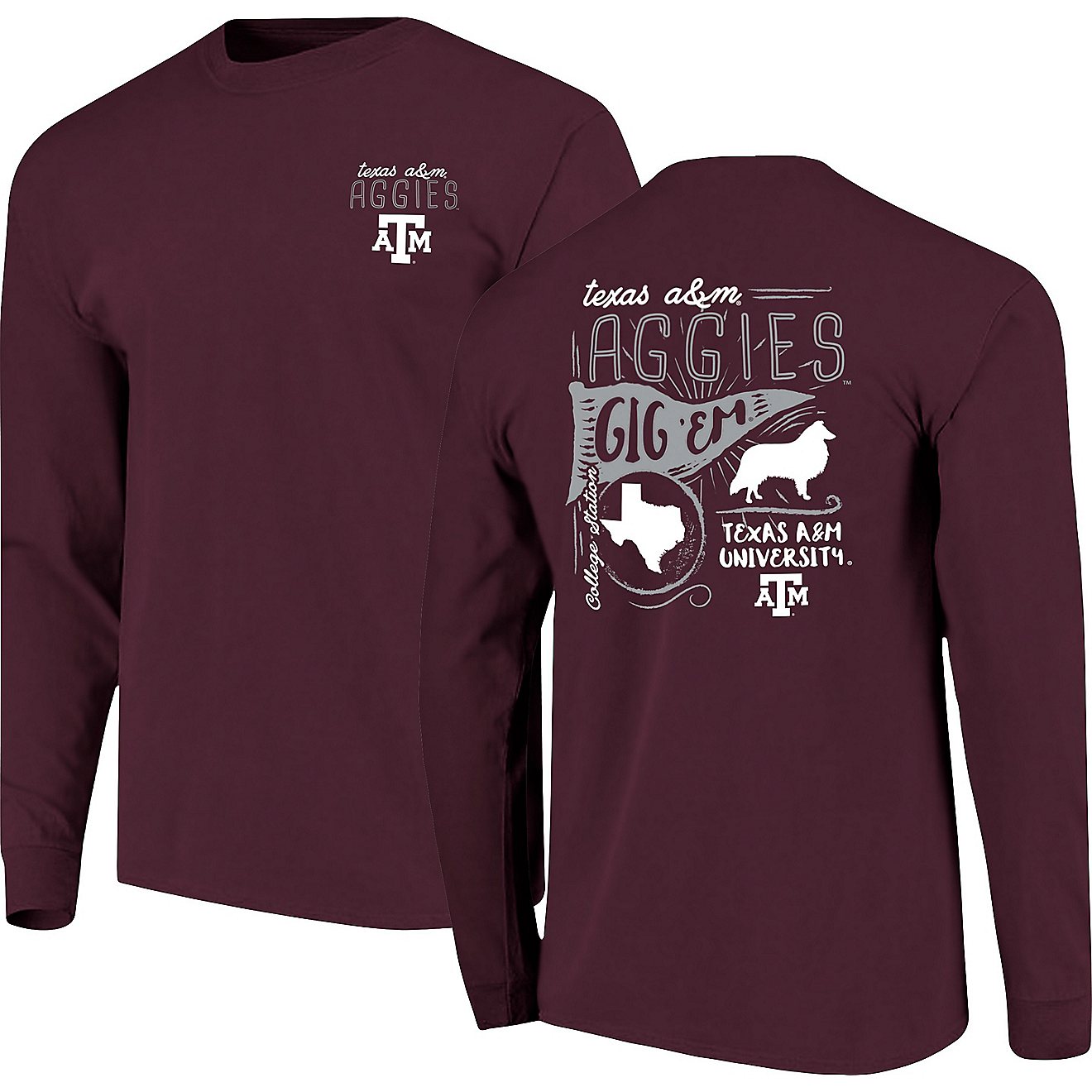 Image One Women's Texas A&M University Comfort Color Hand Drawn Flag Long Sleeve T-shirt                                         - view number 3