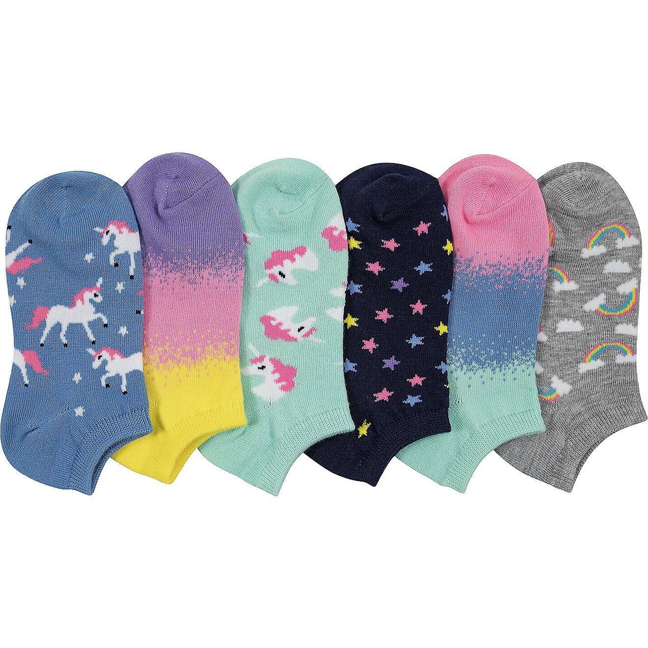 BCG Girls’ Super Soft Unicorn Ombre No Show Socks 6 Pack                                                                       - view number 1