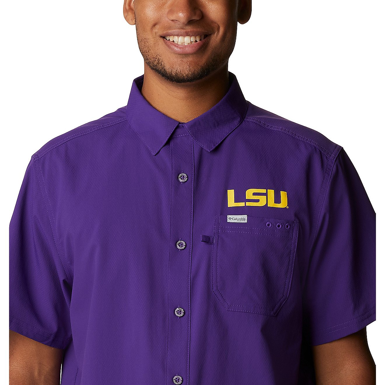 Columbia Sportswear Men's Louisiana State University Slack Tide Flag Camp Button Down Shirt                                      - view number 3