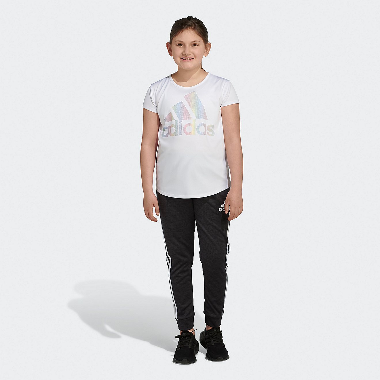 adidas Girls' AEROREADY Rainbow Logo Foil Extended Sizing Size Short Sleeve T-shirt                                              - view number 2