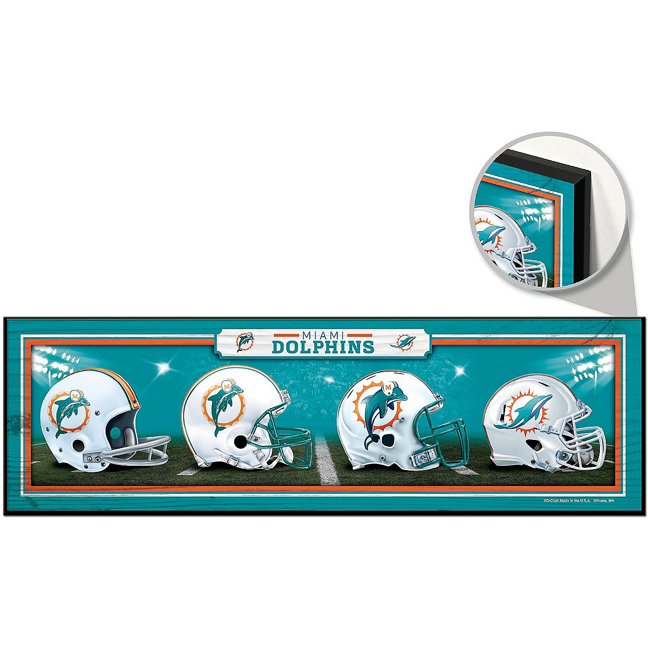 The WinCraft Miami Dolphins 9 in x 30 in Wood Sign is constructed with hardboard wood and features a beveled edge.               - view number 1